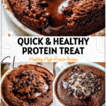 A fluffy Chocolate Protein Mug Cake in a white mug topped with melted chocolate and cocoa powder.